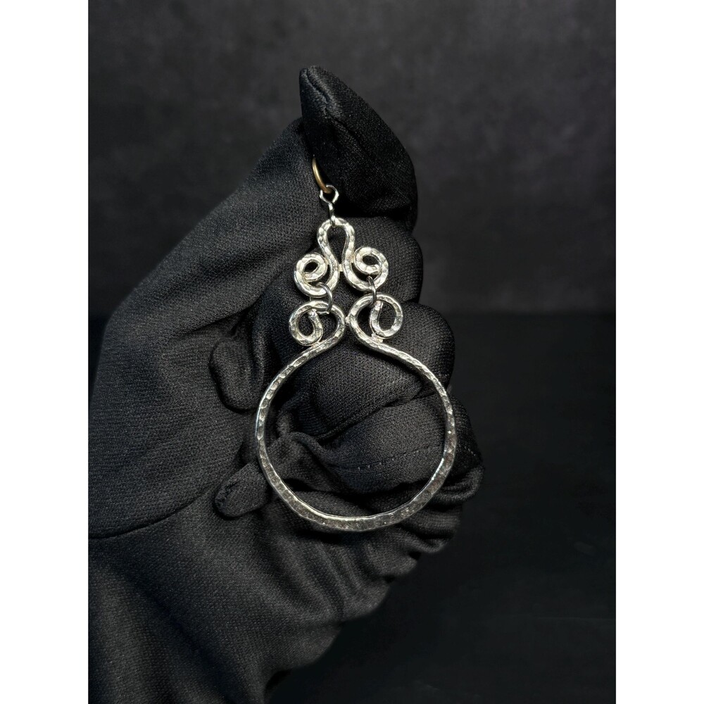 Silver Tone Hammered Open Hoop Scroll Pendant Large Boho Drop